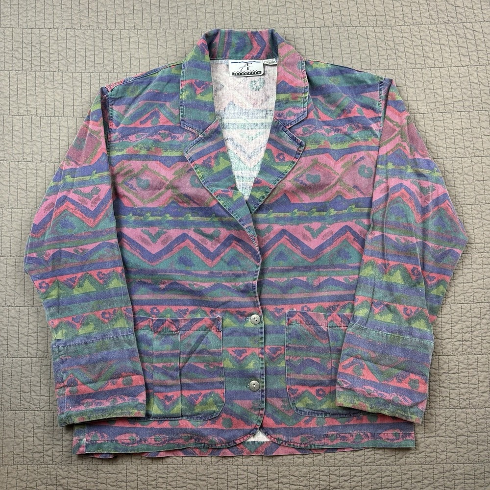 Vintage Accordeon Aztec Blazer Jacket Women Large Geometric Retro‎ Boho Cotton